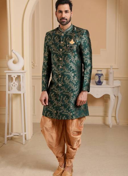Bottle Green Colour Jacquard Silk Digital Print Party Wear Indo Western Mens Collection 9206